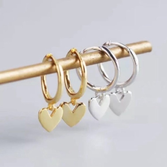 Free People Other - 🎉HP🎉 925 Sterling / Gold Hoop Earrings Small Heart Charm Hoop Earrings